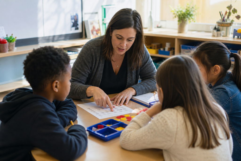 Teacher reviews a differentiated worksheet with lesson notes and manipulatives, showing intentional classroom practice rather than generic busywork.