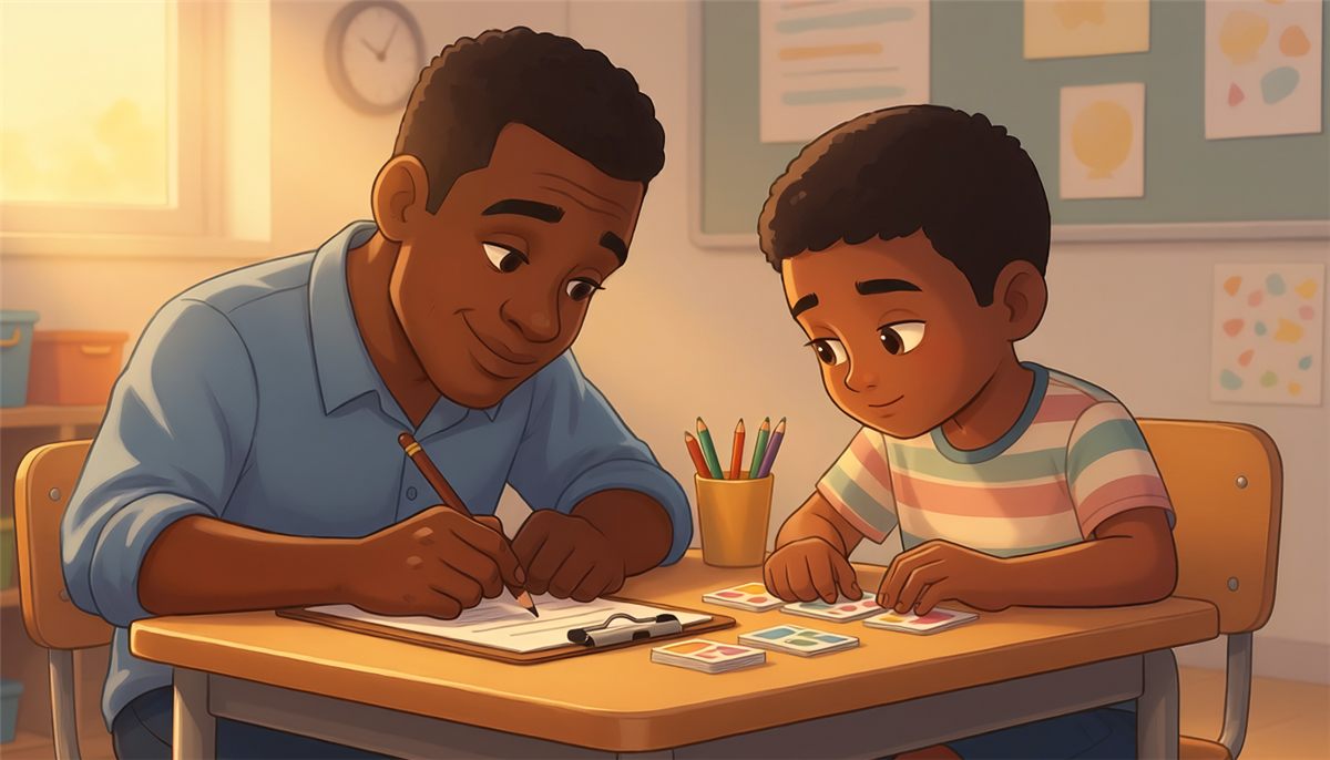 A teacher marks an IEP data sheet on his clipboard while the boy beside him works through a short set of picture cards at a small table.