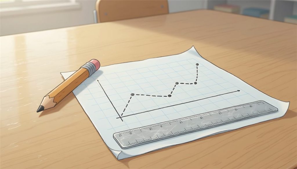 Graph paper on a classroom table showing how to graph IEP progress monitoring data: pencil dots joined by a line climbing from left to right, with a pencil and ruler beside it.