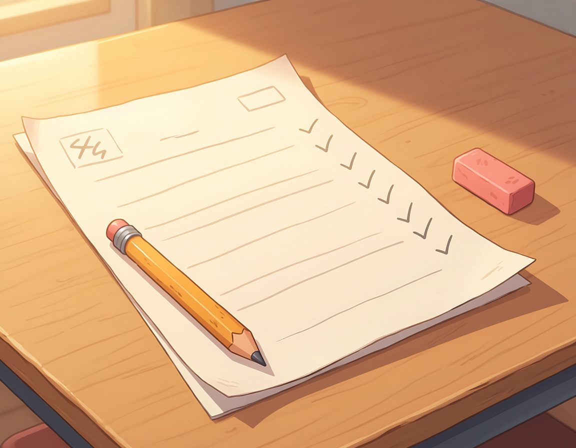 A lesson plan on a desk in warm light, pencil check marks running down the edge of the page and the pencil still lying across it.