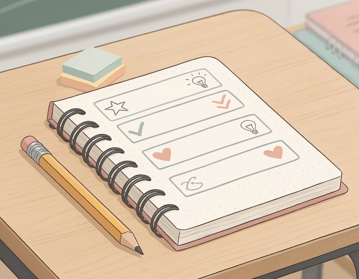 A spiral notebook open on a desk with the same lesson outline drawn as matching boxes down the page, each marked with a small doodle.