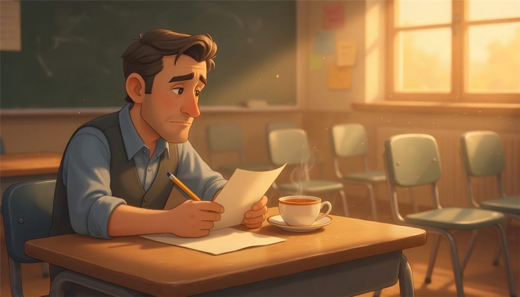 A teacher sits alone after school, pencil in hand, rereading an IEP progress report with no progress to show this quarter.
