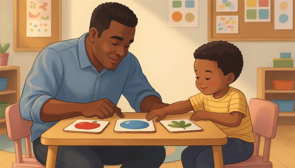 A teacher gives a light gesture toward the picture cards while the boy beside him reaches for his answer, the moment a prompt hierarchy data sheet records.