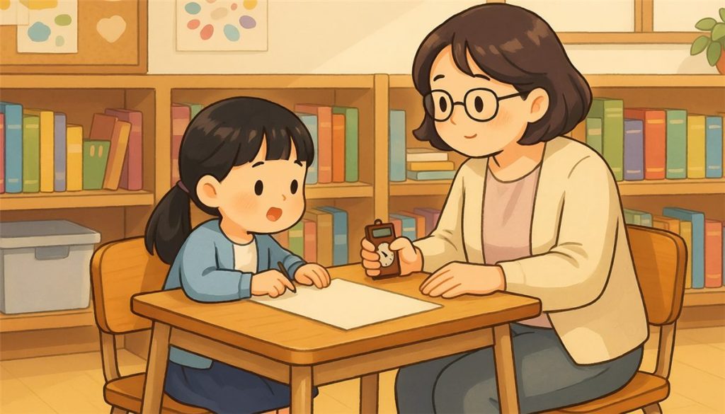 A girl reads a passage aloud while her teacher times the one-minute read, the check behind measurable IEP goals for reading fluency.