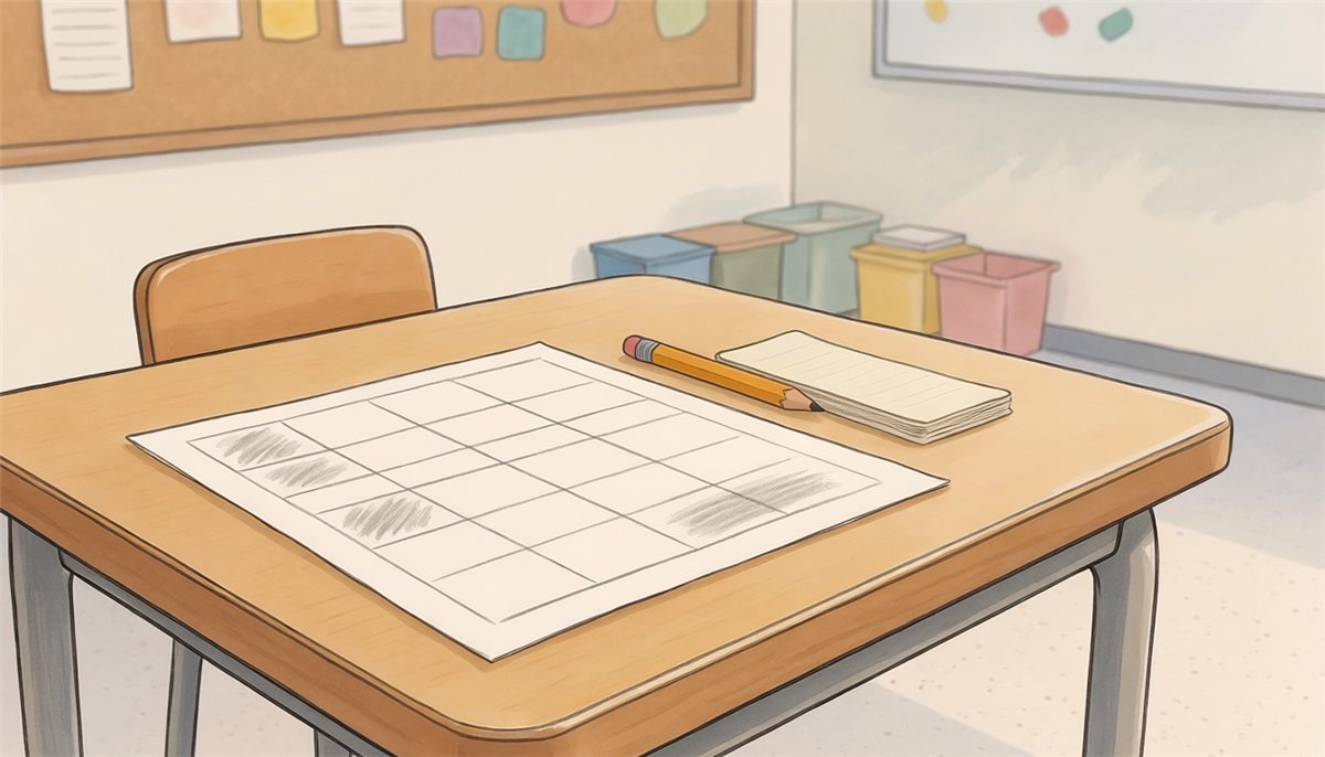 A one-page rotation grid on a small group table, a few boxes marked in pencil and a stack of index cards beside it.