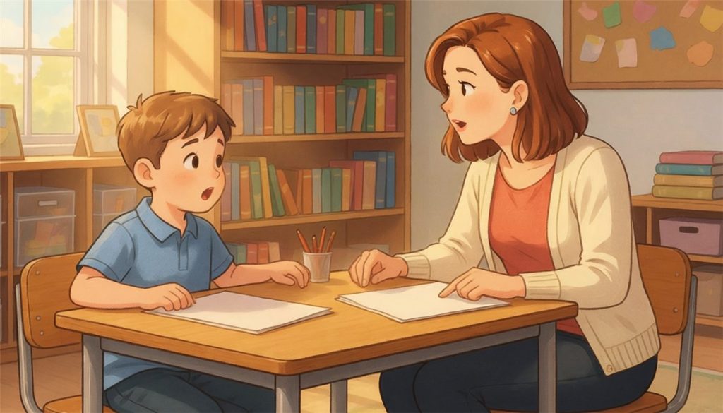 A boy and his teacher sit at a small classroom table, each with a page in front of them, as he talks her through what he just read.