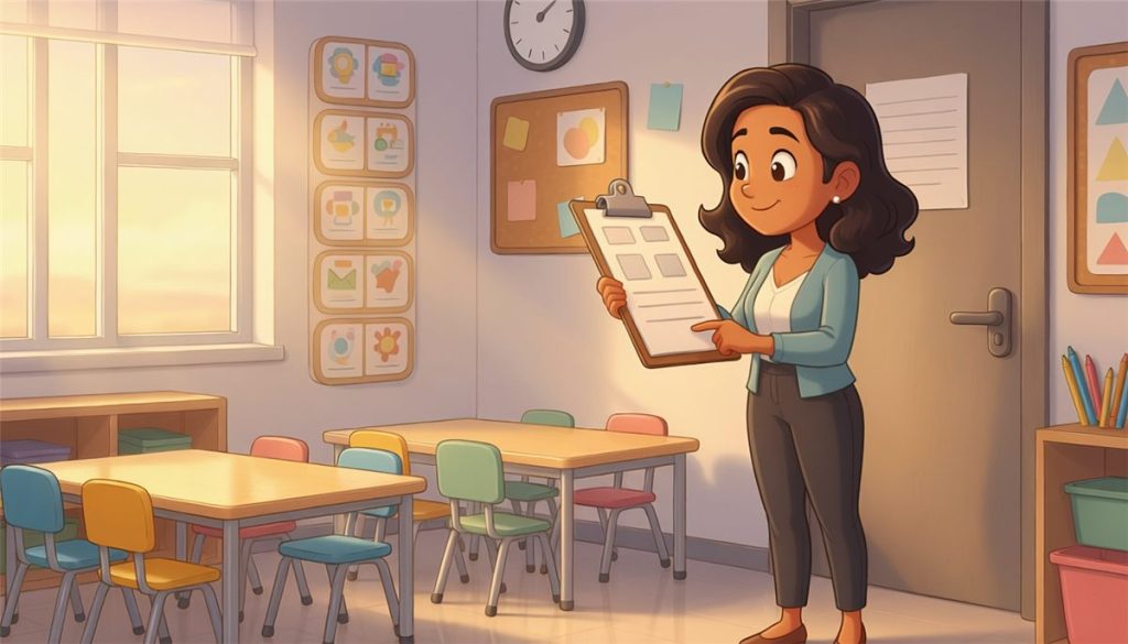 A substitute teacher reads the sub plans for a special education classroom on a clipboard by the door before students arrive, a picture schedule on the wall beside her.