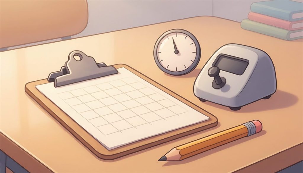 A clipboard, a round timer and a push-button tally counter on a classroom table, the tools for frequency data collection in special education and for timing duration.