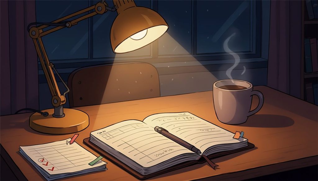 A teacher's desk late in the evening, lamp still on, planner open with a pencil in it and a mug of coffee going cold beside a stack of papers.
