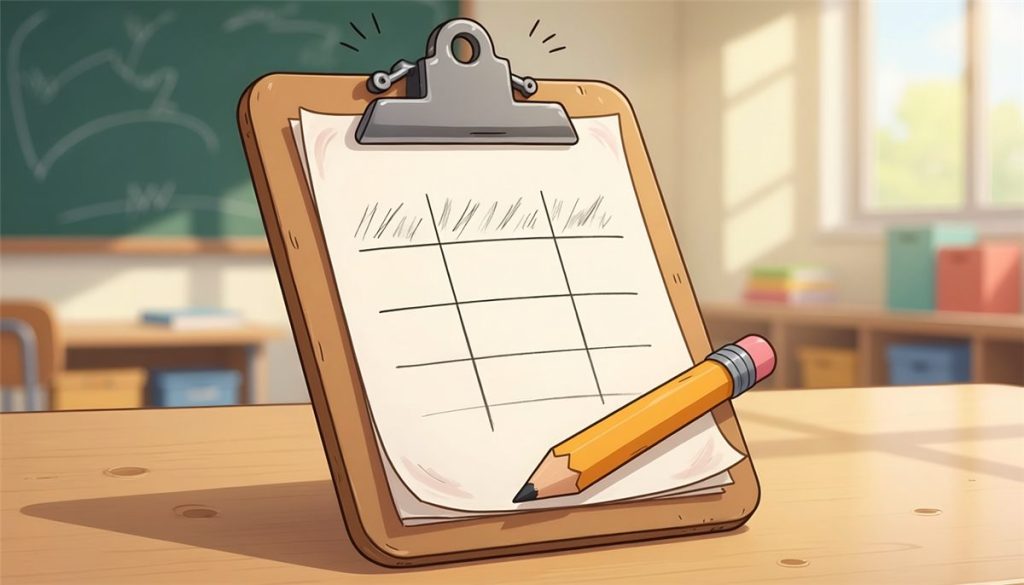 A clipboard propped on a classroom table, holding a hand-drawn grid with quick pencil marks along the top row and a pencil leaning against it.