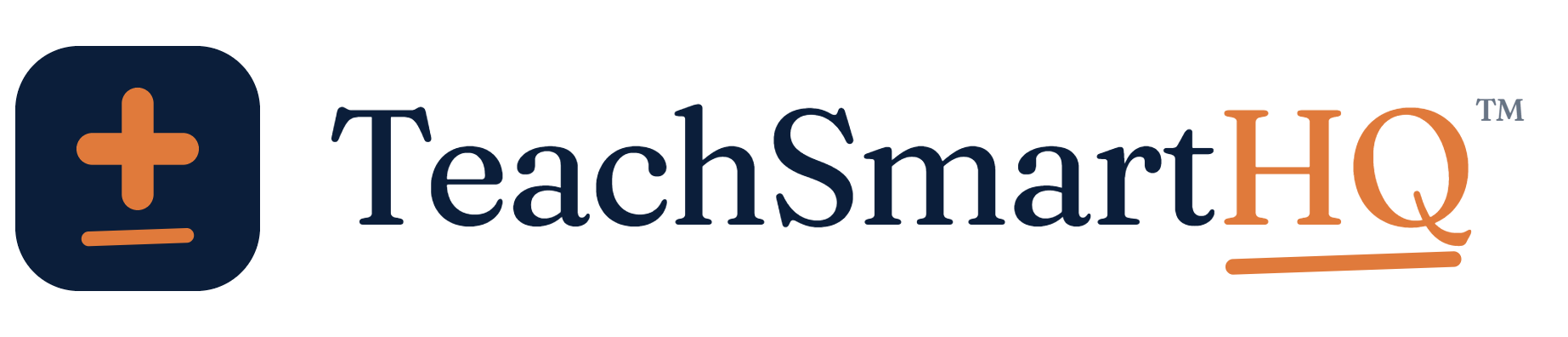 TeachSmartHQ horizontal logo lockup — navy plus-mark tile beside the TeachSmartHQ wordmark
